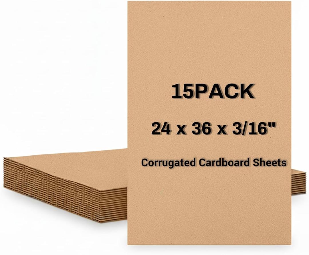 15 Pack 24" x 36" Corrugated Cardboard Sheets, Double Wall 3/16" Thick Brown Poster Board, Large Flat Cardboard Sheet for Packing, Mailing, Moving, Shipping, Crafts
