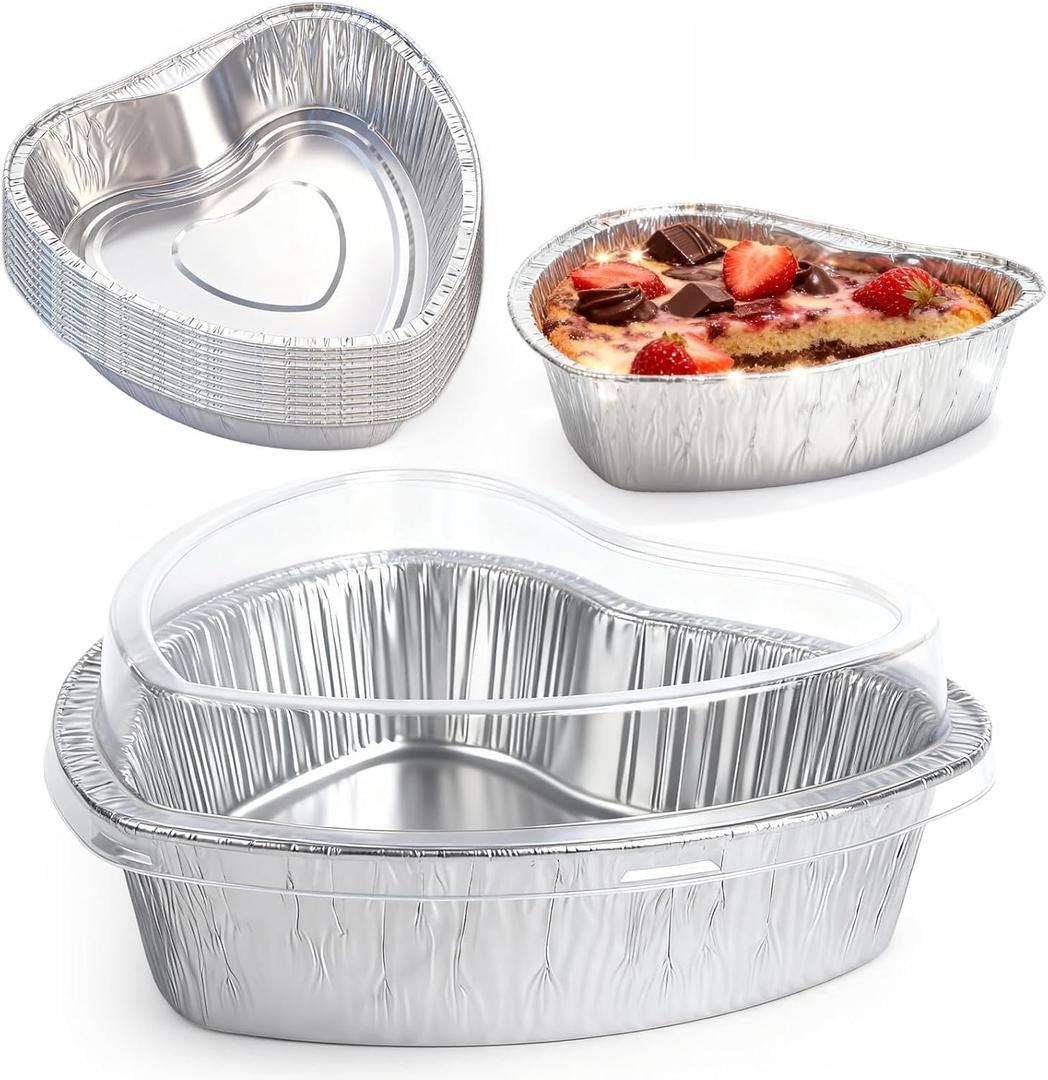 12 Pcs Heart Shaped Cake Pans with Lids, Mini Aluminum Foil Heart Cupcake Baking Tins Non-stick Cake Baking Pans for Kitchen Valentine's Day, Mother's Day, Wedding, Party (12PCS 20*18*13cm)