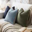 Olive Green Linen Cotton Throw Pillow Covers 18x18 Inch Set of 2, Modern Boho Aesthetic Accent Pillow Cases with Woven Flange for Couch Sofa Bed Room Earthy Tone Home Decor