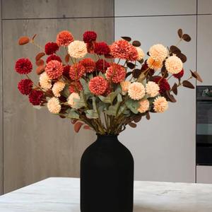 RyddeligHome Fall Flowers, Burnt Orange Faux Kiku Flowers Artificial 10 Stems + Eucalyptus, Fake Red Orange Mums Floral Centerpiece, Terracotta Mini Balls Faux Stems for Vase, Decoracin de Otoo