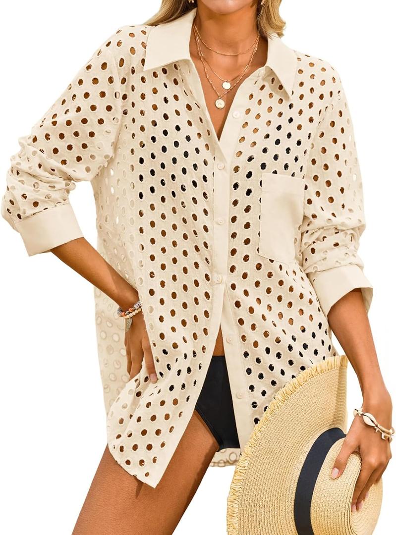 Fisoew Womens Hollow Out Swimsuit Coverup Shirt Button Down Bathing Suit Cover Ups Beachwear