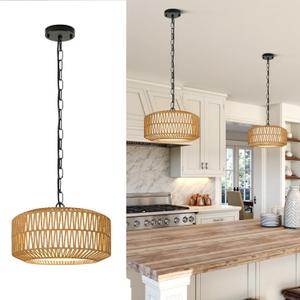 Farmhouse Chandelier Light Fixture, 1-Light Rattan Boho Chandeliers for Dining Room, Hand Woven Pendant Light with Linen Shade, Rustic Hanging Lighting for Kitchen Island, Bedroom (Bulb Not Included)