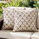 ANRODUO Floral Outdoor Pillow Covers 16x16 Waterproof Set of 2 Block Print Accent Decorative Cushion Cases with Refined Edge Piping for Summer Patio Porch Garden Couch Sofa Bench Decor Brown
