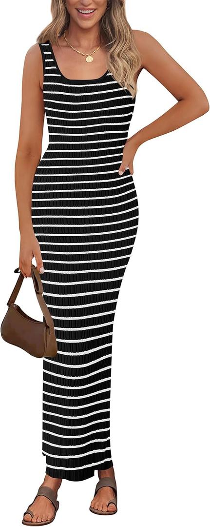 PRETTYGARDEN Beach Vacation Clothes for Women Summer 2025 Sleeveless Striped Ribbed Knit Bodycon Sundress Tank Dress (Large, Black)