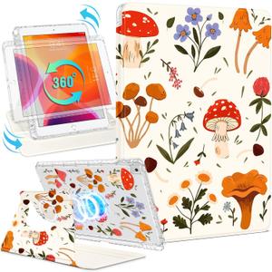 Shorogyt for iPad 9th/8th/7th Generation 10.2 Inch Case Magnetic Stand for Women - Cute Design 360 Degree Rotating Covers Girls Aesthetic with Pencil Holder for Apple i Pad 9/8/7 Gen,Mushroom