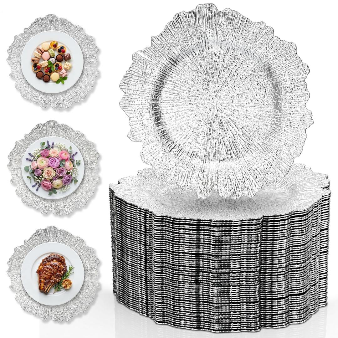 Gereat Silver Charger Plates Bulk 100Pcs, 13 Inch Silver Charger Plates for Dinner Plates, Floral Reef Round Ruffled Rim Plastic Plate Chargers for Wedding Table Setting, Party & Event Decor