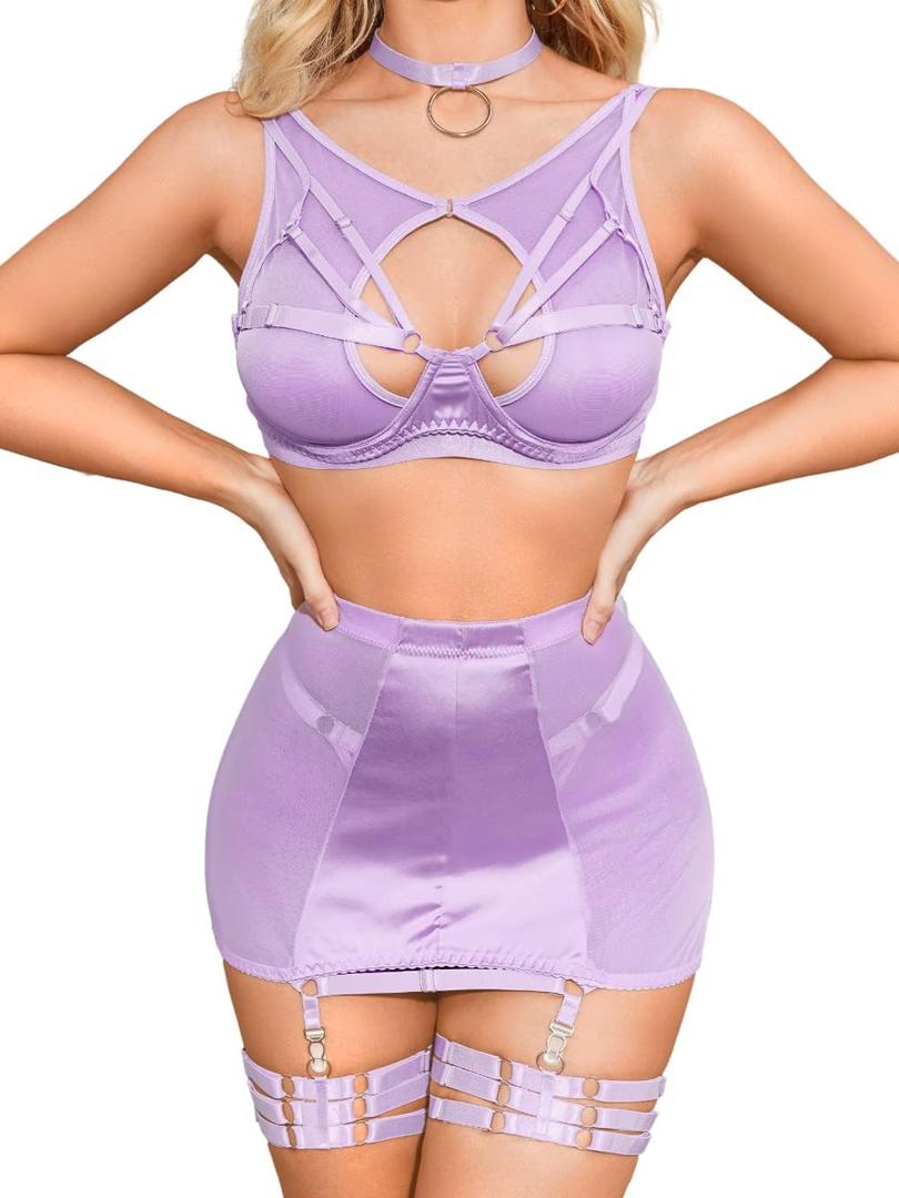 Kaei&Shi Garter Lingerie for Women, Strappy High Waisted Skirt G String 4 Piece Sexy Exotic Lingerie Outfits Set Boudoir (12-14, Purple)