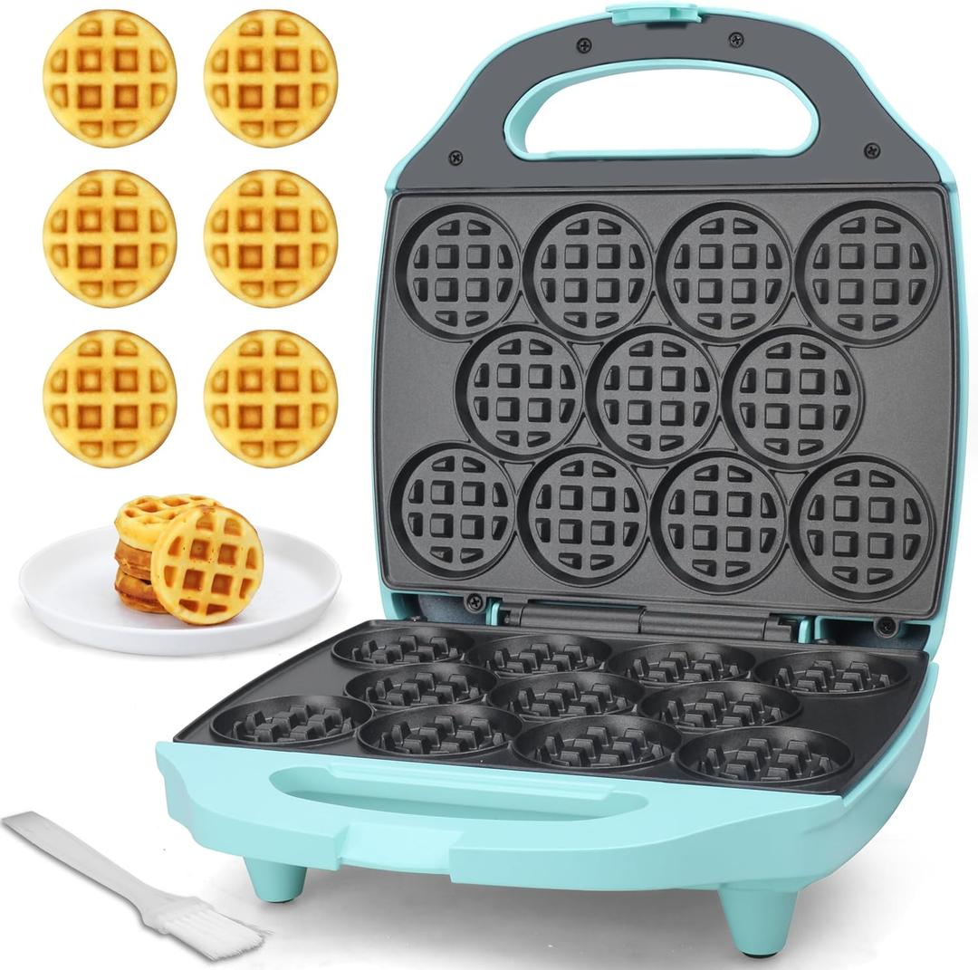 Baker's Friend, Bite-size Mini Waffle Maker for Kids & Adults, Small Waffle Maker Mini Belgian Waffle Machine, 11 X 2.2 Tiny Nonstick Waffles Iron, Recipe Included, Aqua