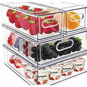 Mano Fridge Drawer Pull Out Stackable Bins with Handle Clear Refrigerator Drawers Organizer Food Storage Container Box with Dividers Plastic Produce Saver for Pantry, Cabinet, Kitchen, Clothes, (4 Pack）