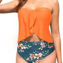 Daci Strapless Tankini Swimsuits for Women - 2 Piece Bathing Suit Bandeau Top with High Waisted Bikini Bottom (X-Large, Orange Flowers)