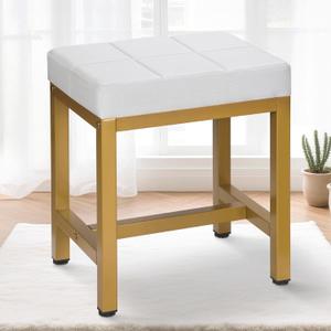 Vanity Stool, Vanity Chair for Makeup Room, Square Linen Small Ottoman Foot Stool with Metal Legs, Modern Makeup Chair for Bedroom, Living Room, Gold & Off White