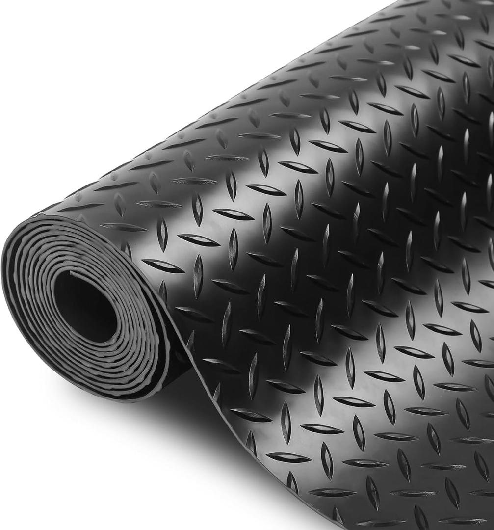 Garage Floor Rubber Mat 4x10 Ft 0.12'' Heavy Duty Diamond Plate Garage Flooring Rolls Water/Stain Resistant Diamond-Grip Tread Roll-Out Black Rubber Car Parking Mats for Garage Matting