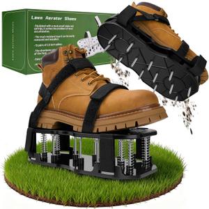 Lawn Aerator Shoes, Pre-Installed Two-Layer Spike Aerator Shoes Tool with Hook-and-Loop Adjustable Straps, Durable and Self-Cleaning for Patio Garden Soil and Plat Grassland, Black