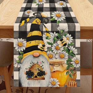 Seliem Spring Bee Gnome Table Runner, Honey Black White Buffalo Plaid Check Home Kitchen Dining Decor, Summer Seasonal Farmhouse Daisy Decorations Indoor Outdoor Anniversary Party Supply 13 x 90 Inch