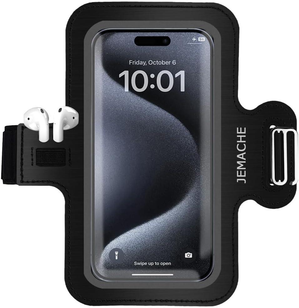 JEMACHE Slim Running Phone Armband for iPhone 17 16 15 14 Pro Max, Samsung Galaxy S26 S25 S24 S23 Ultra/Plus with Earphone Holder (Black, L)