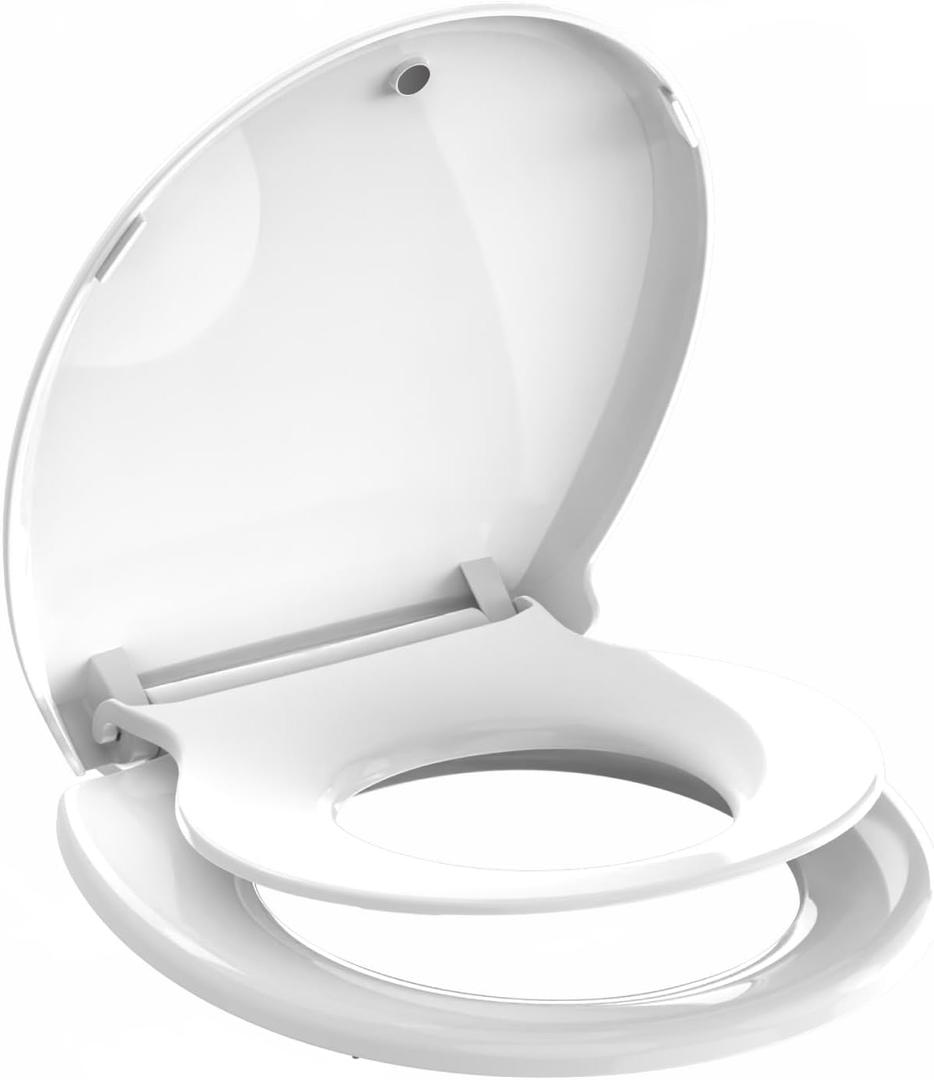 Round Toilet Seat 16.5'' with Toddler Seat,Potty Training Seat Built-in Toilet Seat,2 in 1 Fits Both Adult and Child, Slow Close,Magnets- Round,No Slapping,Easy Installation,Safe PP Material,White
