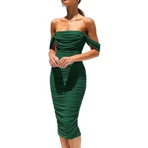 PRETTYGARDEN Wedding Guest Dress 2025 Summer Off Shoulder Ruched Elegant Sexy Bodycon Homecoming Cocktail Party Midi Dress.M