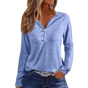 LilyCoco Womens Raglan Long Sleeve T Shirt Casual Button V Neck Shirts Blue, Small