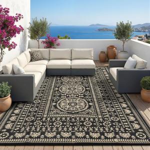Garvee Reversible Outdoor Rug 6x9 for Patio, Waterproof Outdoor Area Rug, Modern Medallion Indoor Outdoor Rugs, Plastic Straw Rug for RV, Camping, Deck, Vintage Brown