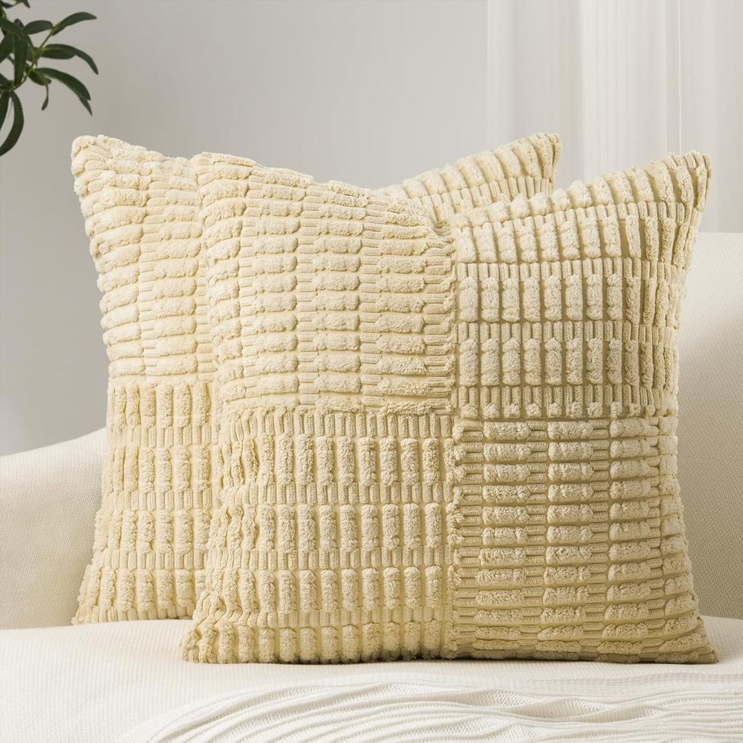 Topfinel Set of 2 Decorative Tan Throw Pillow Covers 20x20 Inch for Couch Sofa Bed, Rustic Farmhouse Boho Home Decor, Soft Corduroy Windmill Textured Striped Patchwork Cushion