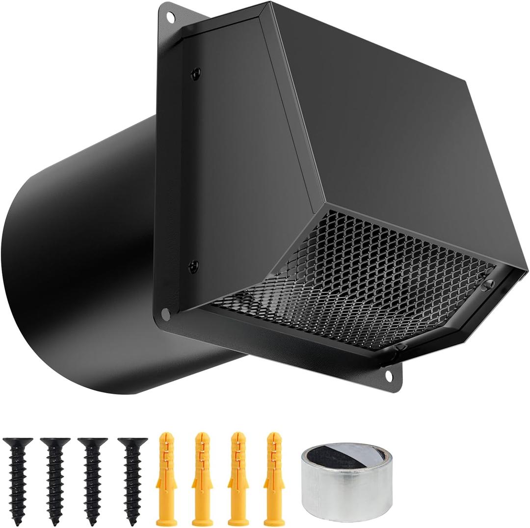 6 Inch Dryer Vent Cover Outside, Galvanized Steel Exterior Hooded Wall Vent Cover with Removable Screen & Cushioned Backdraft Flap, Exhaust Vent for House Through-Wall Dryer Vent Kit (Black- 6 Inch)