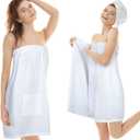 Hercicy 2 Pcs Spa Wraps for Women Waffle Robes Bath Wraps for Shower Lightweight Towel Spa Robe with Adjustable Closure (One Size, White)