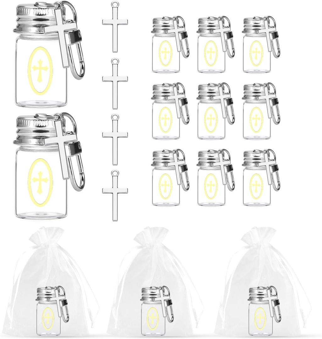 12 Pcs Holy Water Bottle Keychain with Catholic Christian Glass Watering Vial Cross and Sticker Holy Water Vial Set for Church Wedding Party Favors Gift Set Baptism Favors Communion Catholic