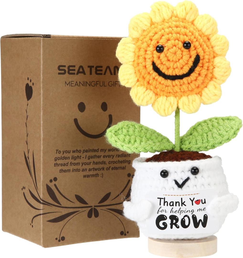 Sea Team Handmade Positive Sunflower Crochet Doll with Emotional Support Card, Knitted Artificial Flower, Christmas Decoration, Thank You Gift for Coworker, Friend, Bestie, Teacher (Small)