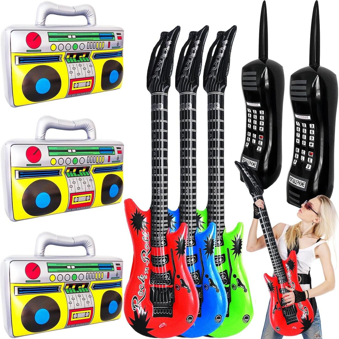 8 Pcs Inflatable Radio Boombox Retro Inflatable Mobile Phone Rock Inflatable Guitar Toy Set, Blow up Props for 80s 90s Party Decorations, Hip Hop Theme Birthday Party Supplies