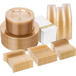 I00000 700 Pcs Gold Glitter Plastic Dinnerware Sets, Disposable Plates for Party, Include: 100 Dinner Plate,100 Dessert Plate,100 Paper Napkins, 100 Cups,100 Plastic Silverware Set