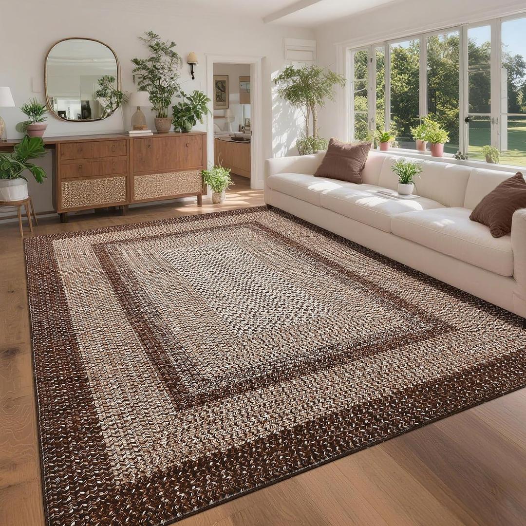 GarveeHome Printed Rugs with Braided Pattern on it, Washable 9x12 Area Rug for Living Room Non Slip Soft Brown Bedroom Rugs Low Pile Stain Resistant Carpet for Nursery Dining Room Classroom