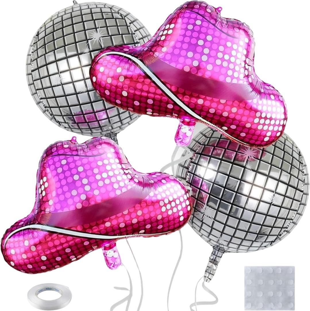 4 Pcs Disco Cowgirl Party Decorations, Silver Disco Ball Balloons Pink Huge Western Cowgirl Hat Foil Balloons for Western Theme Cowgirl Birthday Party Decorations Bachelorette Party Supplies
