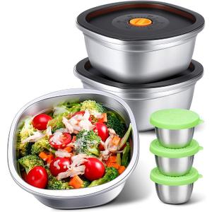 KTKUDY 3 Pack Stainless Steel Salad Bowls with Lids & Dressing Cups - 50 oz Leakproof Salad Containers for Meal Prep & Lunch To Go, Dishwasher Safe