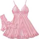 Sexy Open Front Ruffle Sheer Mesh Lace Wireless Babydoll Lingerie Dress with Thong 2 Piece (Large, Pink)