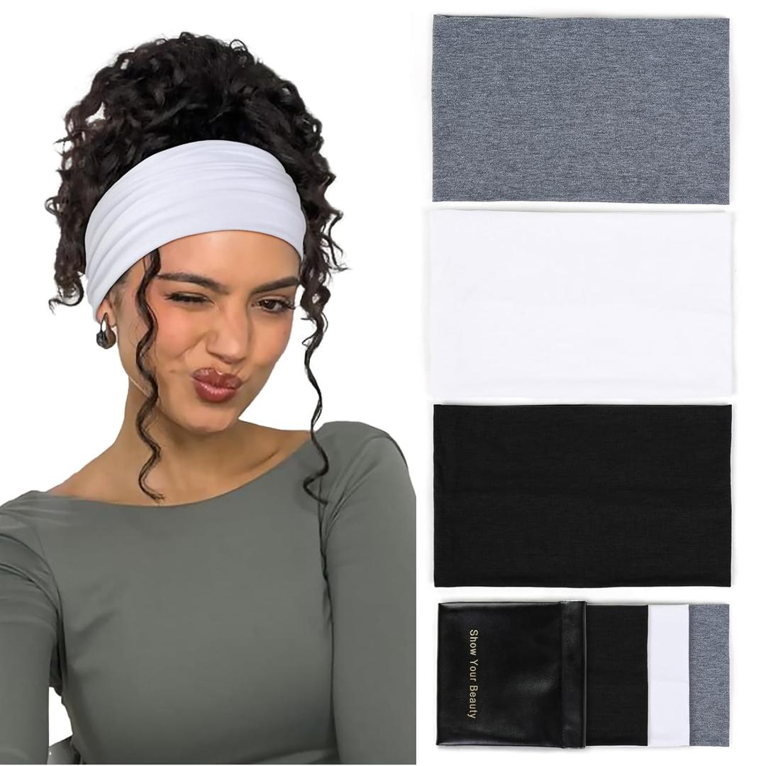 Huachi Wide Headbands: Boho Elastic Non-Slip Thick Stretchy Headbands for Women's Workout, Running, and Active Wear (Color Set 1: Black, white, light gray)