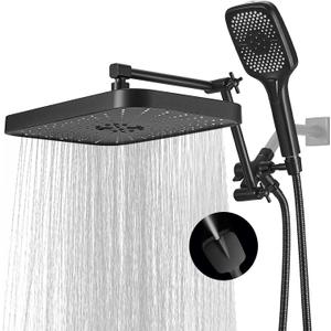 14 Inch Large Shower Head with Handheld Spray Combo and Extention Arm, Rain Rainfall Waterfall High Pressure Shower Heads, Modern Showerhead with 3-Way Diverter - Height/Angle Adjustable(Matte Black)