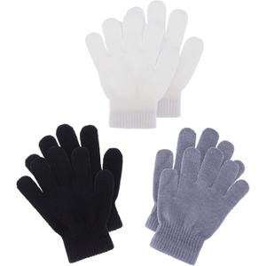 3 Pairs Toddler Gloves Kids Mittens Winter Warm Knitted Gloves Full Finger Mittens for Toddler Boys and Girls (7 - 11 Years Size, Black, White, Grey)