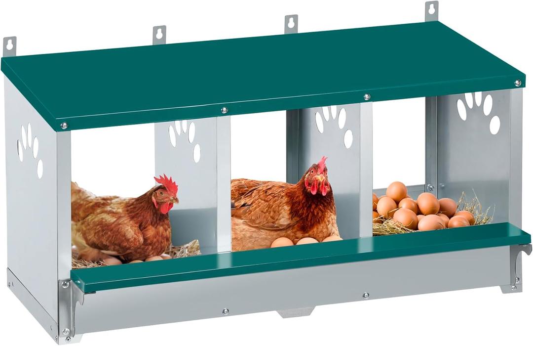 Chicken Nesting Box, 3 Compartment Metal Nesting Box, 3 Room Wall Mountable Nesting Boxes for Chicken, Indoor & Outdoor Use, Green