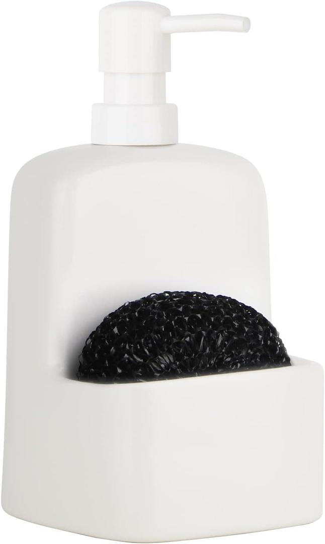 Dish Soap Dispenser - Kitchen Soap Dispenser with Sponge Holder Matte Ceramic Soap Daddy Dispenser 20oz for Kitchen (Matte White)