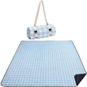 WILLOW WEAVE Picnic Blanket, 80''x80'' Waterproof Outdoor Blankets, Picnic Mat Washable for Beach, Picnic Blankets for Camping on Grass with Shoulder Strap - Blue & White