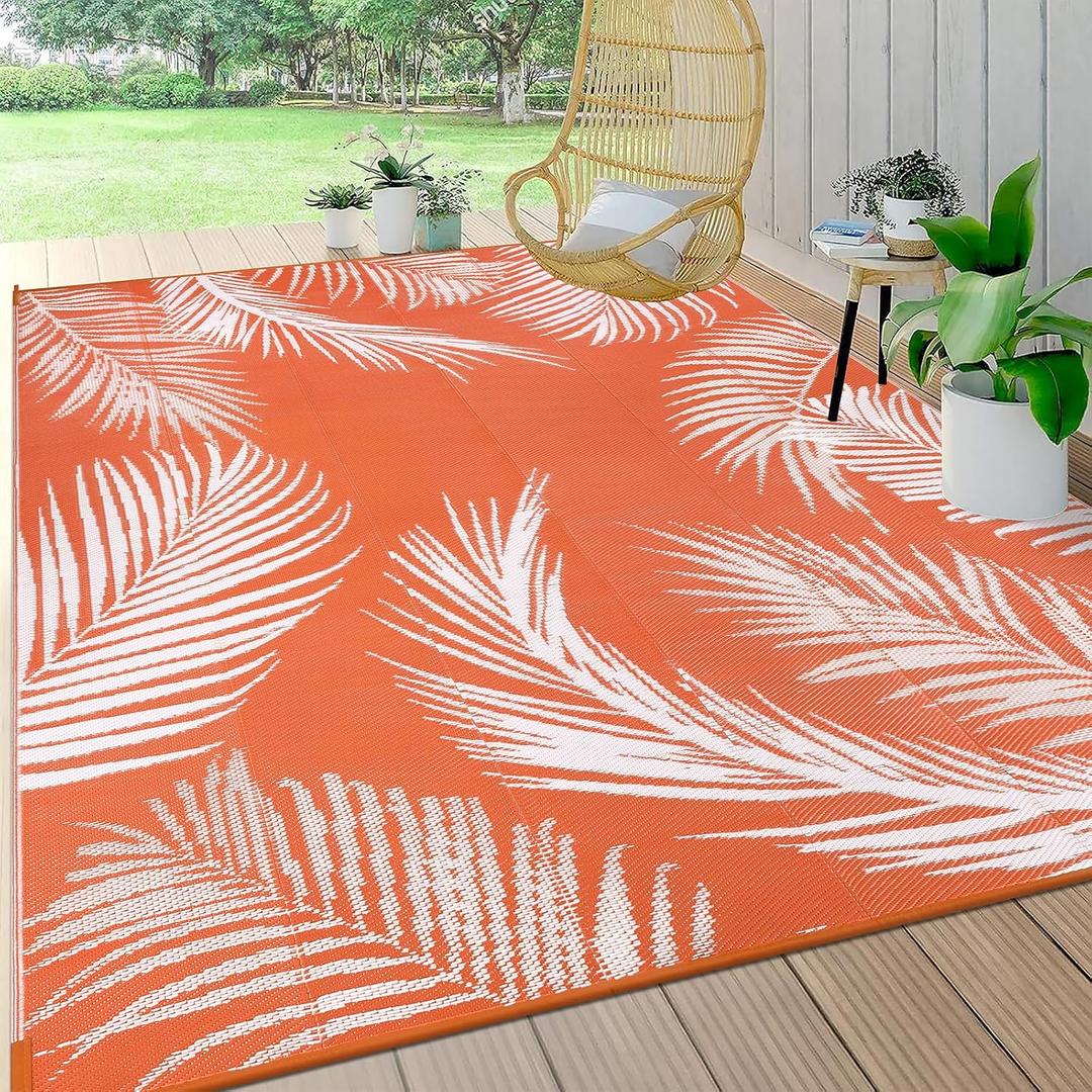 Pauwer Waterproof Outdoor Rug 6x9, Reversible Plastic Straw Patio Camping Rug, Indoor Outdoor RV Mat Carpet for Deck, Camper, Porch, Balcony, Backyard, Picnic, Leaf Orange