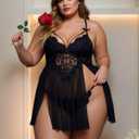 Plus Size Women Sexy Lingerie Set Lace Babydoll Strap Chemise Nightgown Sleepwear Side Slit Nightdress with Panty (Black, XXL)
