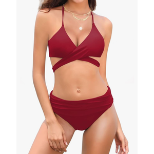 SHEKINI Women's Push Up Halter Bandage Two Peice Swinsuits Tie Side Bikini with Ruched Swim Bottoms, XS