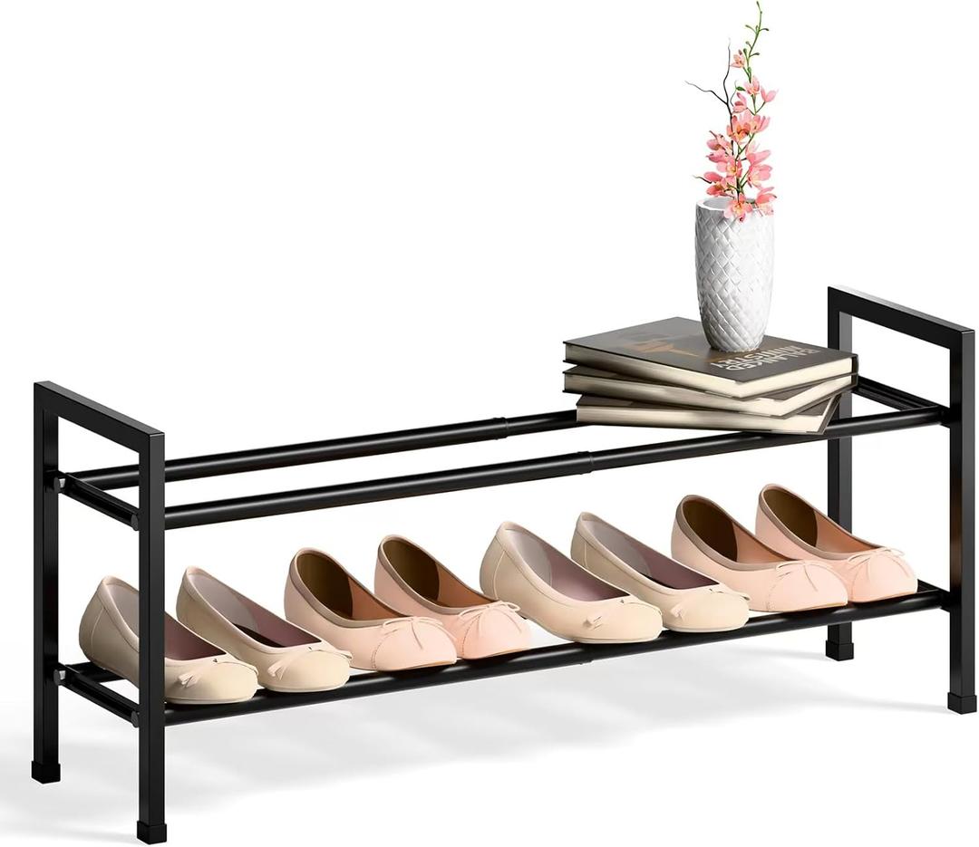 Bumusty 2 Tier Expandable Shoe Rack for Closet, 18-33 Adjustable Shoe Rack for Small Space, Small Shoe Organizer for Front Door, Sturdy Metal, Black