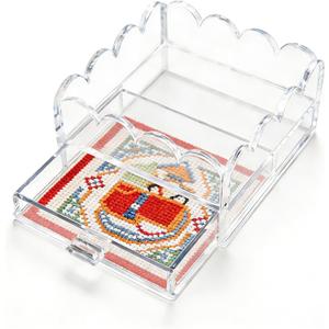 Clear Acrylic Trays for Needlepoint with Insert Drawer 4" x 4", HKKZYT Small Scalloped Acrylic Tray Organizer for Photos, Art, Napkin, Fabric, Messages Display Basket
