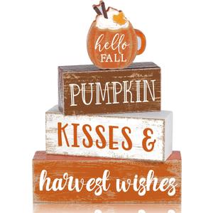 4 Pcs Fall Thanksgiving Decor for Home Hello Fall Wooden Signs with Sayings Thanksgiving Tiered Tray Decor Pumpkin Ice Cream Tabletop Centerpiece Harvest Wishes Block Sign for Office Kitchen Shelf