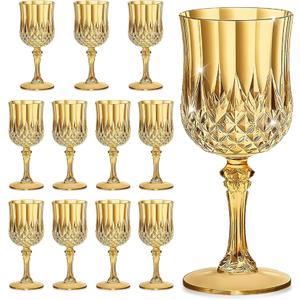 7OZ Plastic Wine Glasses, Disposable Goblets Drinking Glasses Crystal Vintage Water Cups Unbreakable Champagne for Valentines Day, Wedding, Parties (12, Gold)