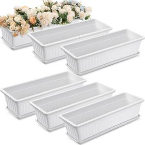FillTouch 6 Packs 23 Inch Window Flower Box Extra Large Window Sill Herb Garden Long Rectangle Planter Plastic Boxes Outdoor with Drainage Trays Boxes for Balcony Windowsill Patio Garden