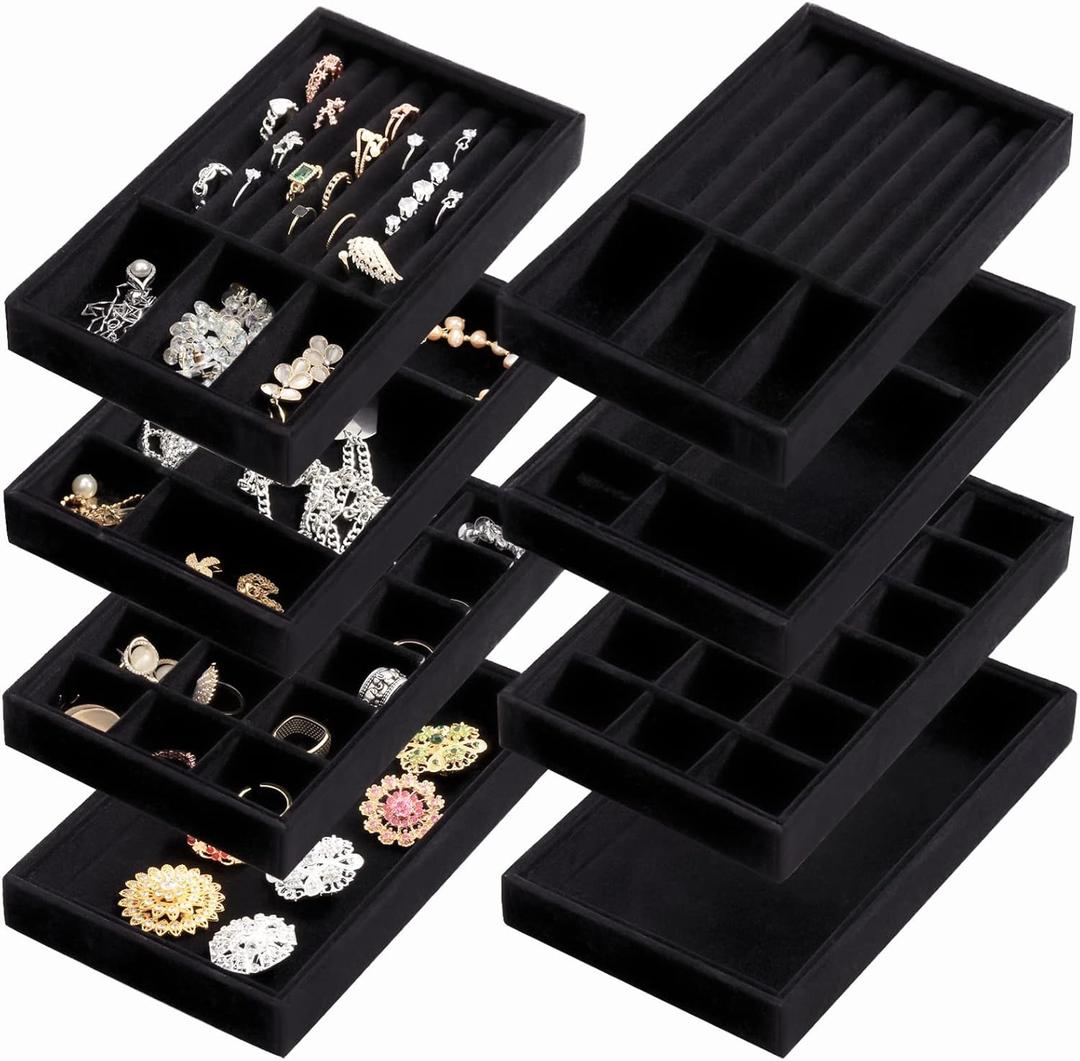 Elsjoy 8 Pack 4 Styles Black Velvet Jewelry Trays, 8" x 5" Jewelry Organizer Tray Stackable Jewelry Storage Tray for Drawer, Rings, Earrings, Necklace