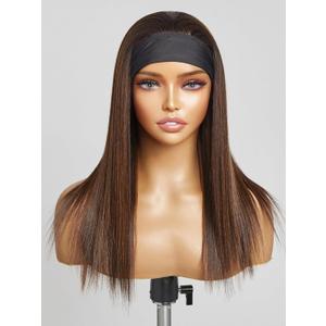 GORGIUS Highlight Headband Wig Straight Hair with Head Band Ready to Go Glueless Synthetic Headband Wig Brown Mix Blonde 16 Inch Long Straight Wig (Color 27/30)
